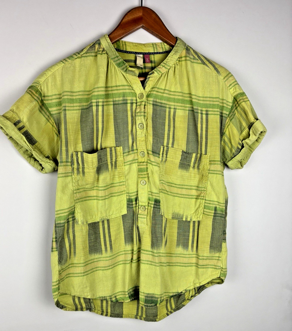 Pilcro Anthropologie Women’s XS Green Plaid 100% Cotton Shirt Top Boho Travel
